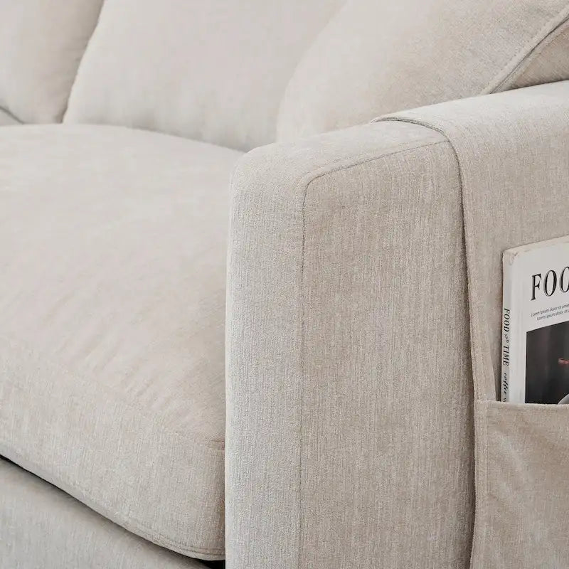Beiges, 107,87 großes, geräumiges 4-Sitzer-Ecksofa mit verschiebbarem Hocker, abnehmbaren Kissen und praktischer Armlehnenaufbewahrung