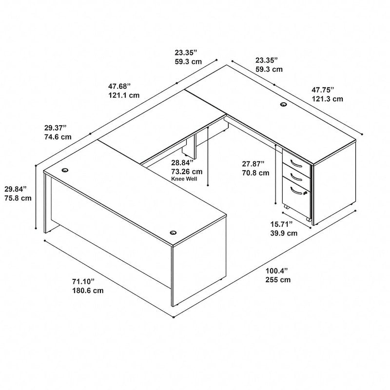 72W U Shaped Desk with Drawers by