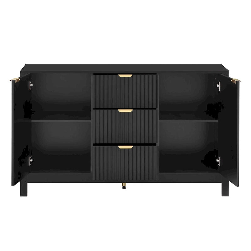 Entreekast met golfdesign-3 verstelbare planken, 3 lades en zacht sluitende deuren, opbergconsoletafel met metalen handgrepen