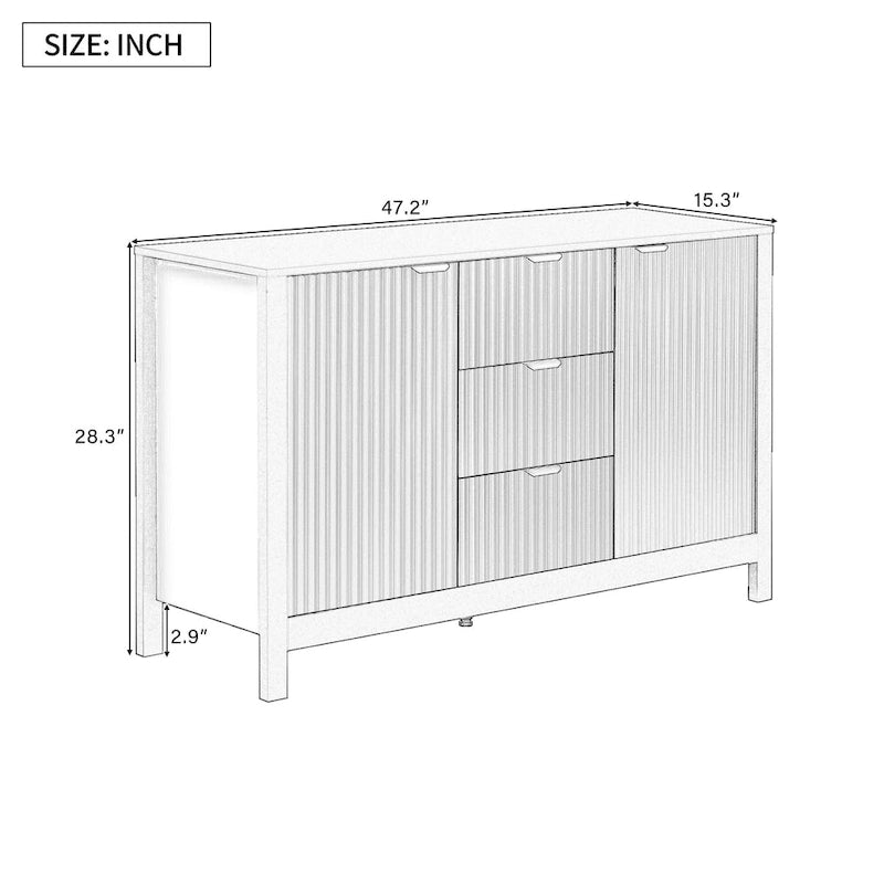 Entreekast met golfdesign-3 verstelbare planken, 3 lades en zacht sluitende deuren, opbergconsoletafel met metalen handgrepen