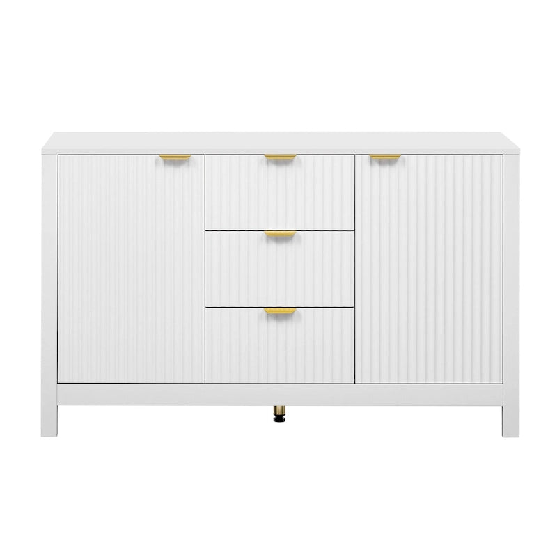 Entreekast met golfdesign-3 verstelbare planken, 3 lades en zacht sluitende deuren, opbergconsoletafel met metalen handgrepen