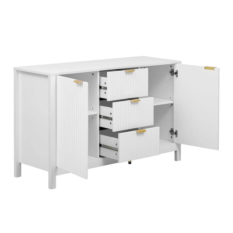 Entreekast met golfdesign-3 verstelbare planken, 3 lades en zacht sluitende deuren, opbergconsoletafel met metalen handgrepen