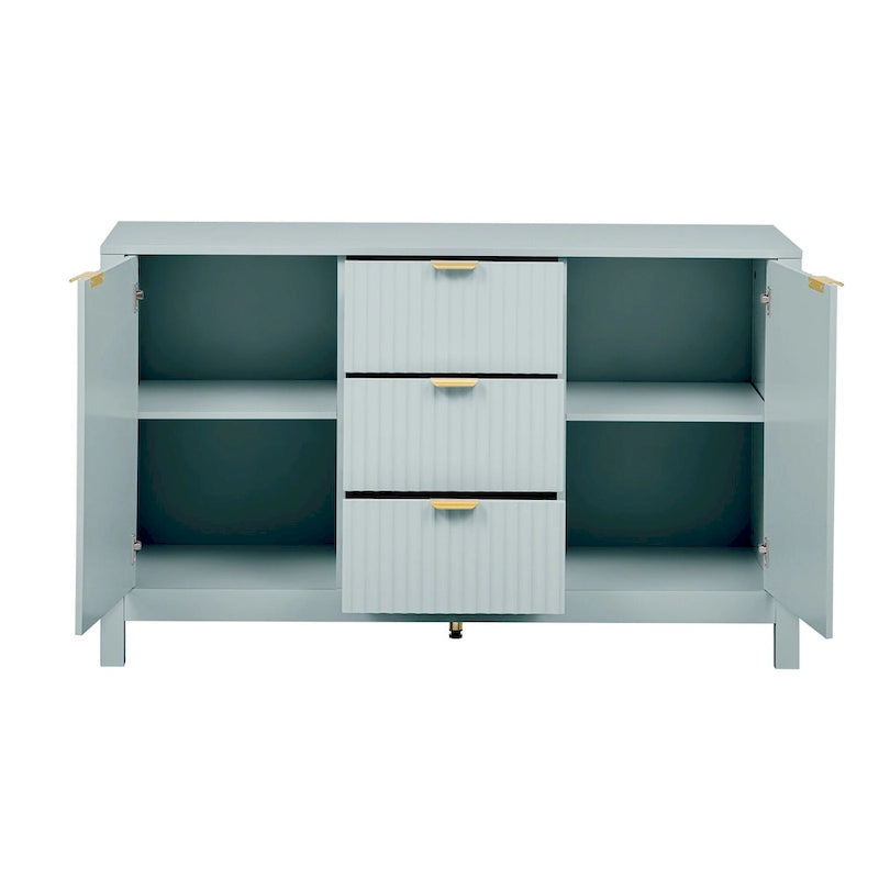 Entreekast met golfdesign-3 verstelbare planken, 3 lades en zacht sluitende deuren, opbergconsoletafel met metalen handgrepen