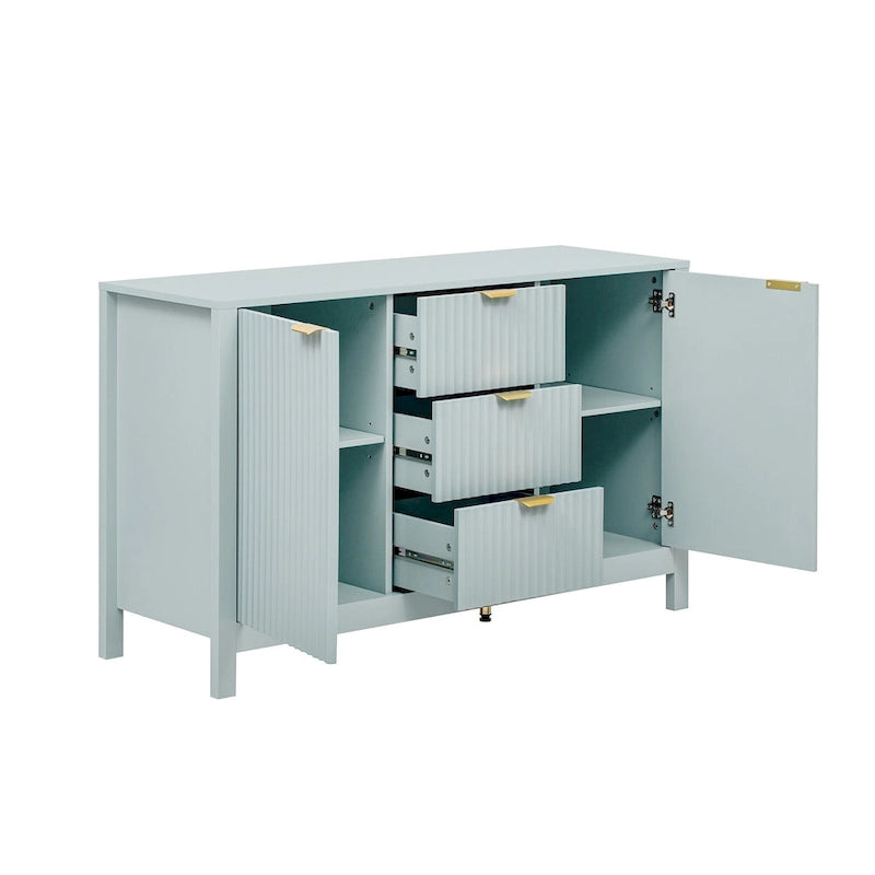 Entreekast met golfdesign-3 verstelbare planken, 3 lades en zacht sluitende deuren, opbergconsoletafel met metalen handgrepen