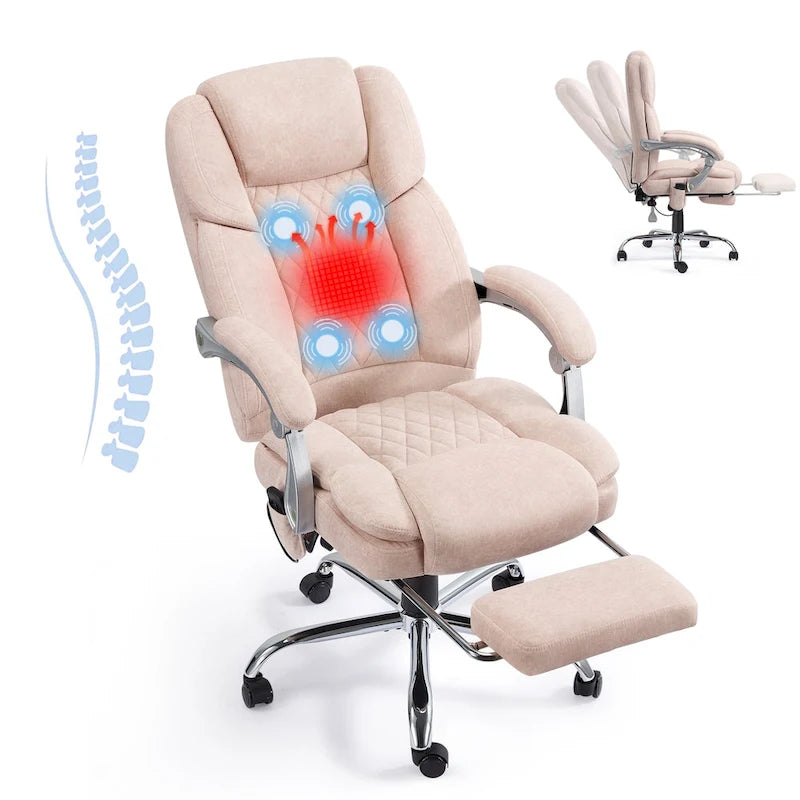 Podgrzewany fotel biurowy z masażem i podnóżkiem, ergonomiczne rozkładane krzesło do biurka z podparciem lędźwiowym i regulacją wysokości.