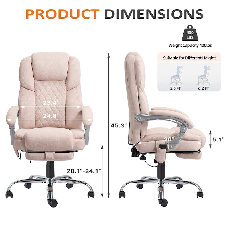 Cadeira de escritório com massagem aquecida e apoio para os pés, cadeira de secretária ergonómica reclinável com apoio lombar e altura ajustável.