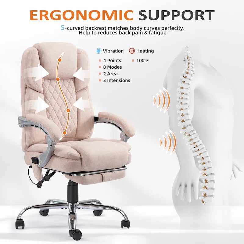 Cadeira de escritório com massagem aquecida e apoio para os pés, cadeira de secretária ergonómica reclinável com apoio lombar e altura ajustável.
