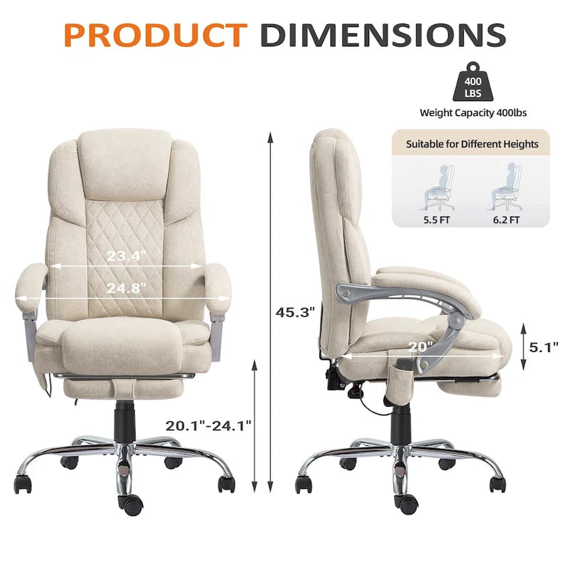 Cadeira de escritório com massagem aquecida e apoio para os pés, cadeira de secretária ergonómica reclinável com apoio lombar e altura ajustável.