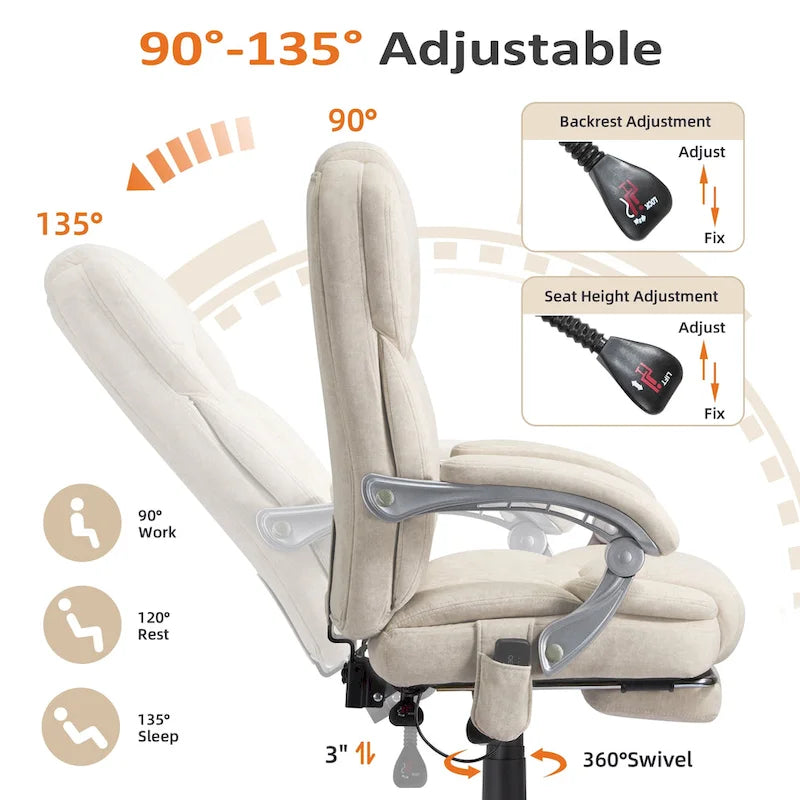 Cadeira de escritório com massagem aquecida e apoio para os pés, cadeira de secretária ergonómica reclinável com apoio lombar e altura ajustável.