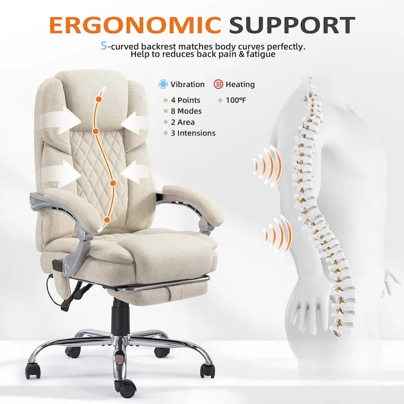 Cadeira de escritório com massagem aquecida e apoio para os pés, cadeira de secretária ergonómica reclinável com apoio lombar e altura ajustável.