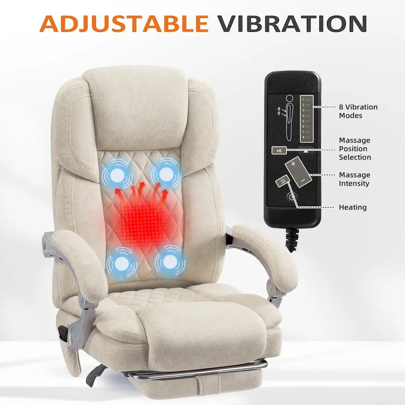 Cadeira de escritório com massagem aquecida e apoio para os pés, cadeira de secretária ergonómica reclinável com apoio lombar e altura ajustável.