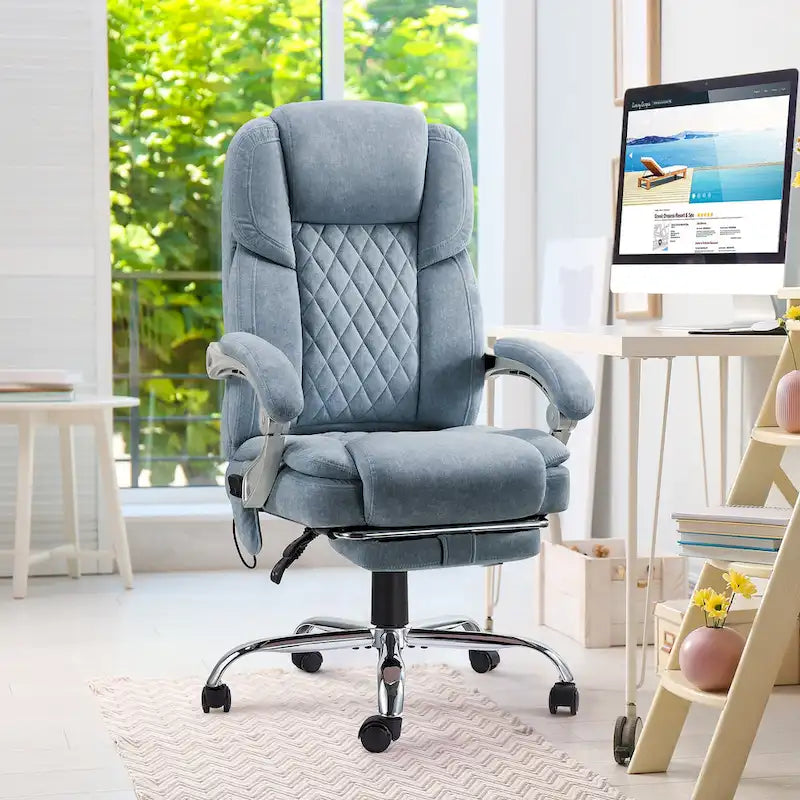 Cadeira de escritório com massagem aquecida e apoio para os pés, cadeira de secretária ergonómica reclinável com apoio lombar e altura ajustável.