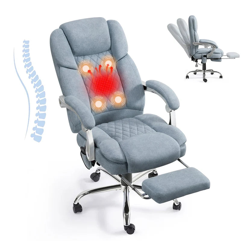 Cadeira de escritório com massagem aquecida e apoio para os pés, cadeira de secretária ergonómica reclinável com apoio lombar e altura ajustável.