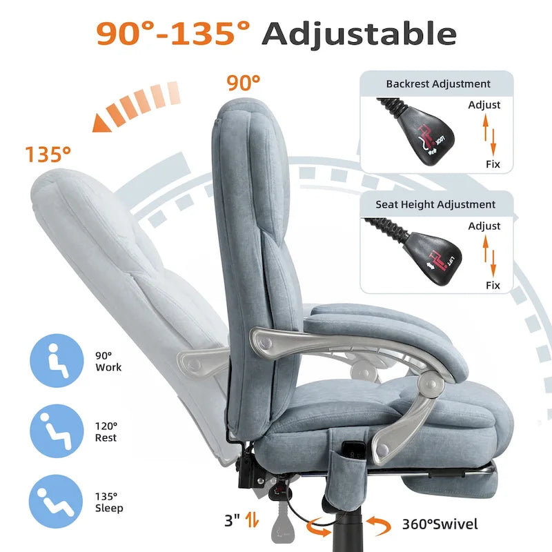 Cadeira de escritório com massagem aquecida e apoio para os pés, cadeira de secretária ergonómica reclinável com apoio lombar e altura ajustável.