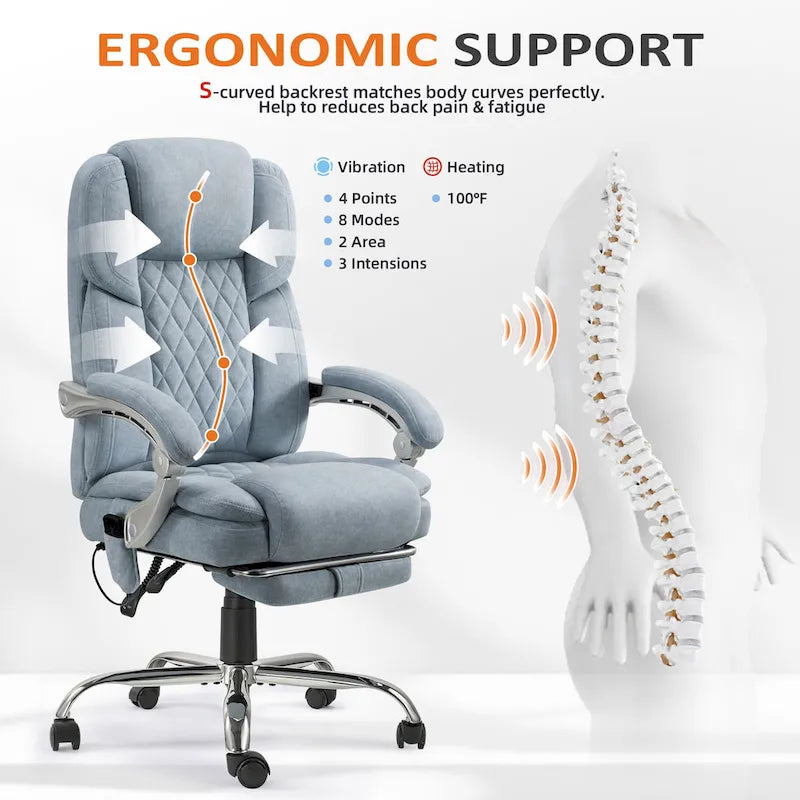Cadeira de escritório com massagem aquecida e apoio para os pés, cadeira de secretária ergonómica reclinável com apoio lombar e altura ajustável.