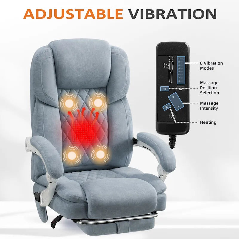 Cadeira de escritório com massagem aquecida e apoio para os pés, cadeira de secretária ergonómica reclinável com apoio lombar e altura ajustável.