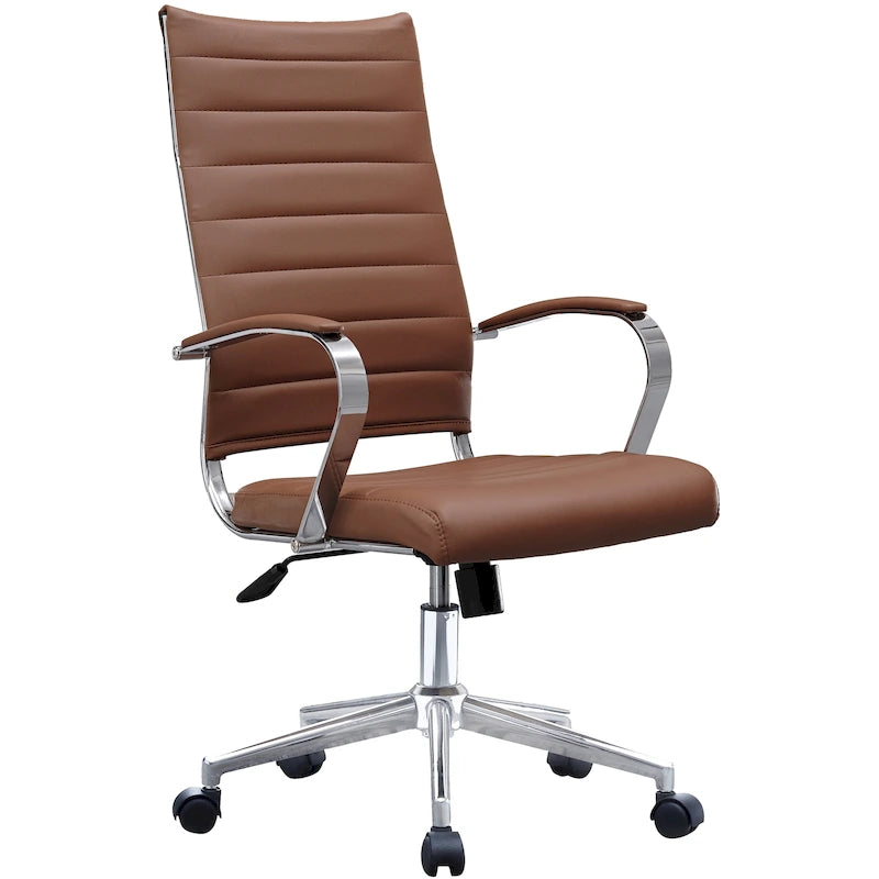 Moderne bruine bureaustoel met hoge rugleuning, geribd PU-leer, draaibaar, voor vergaderruimte, computerbureau, bezoekers, vintage retro, directie