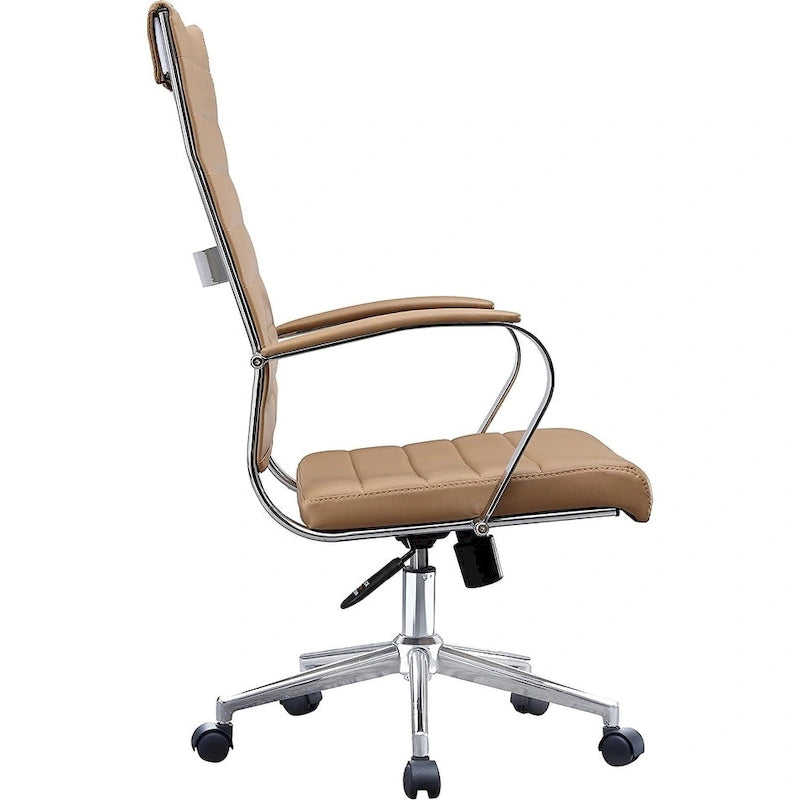 Moderne bruine bureaustoel met hoge rugleuning, geribd PU-leer, draaibaar, voor vergaderruimte, computerbureau, bezoekers, vintage retro, directie