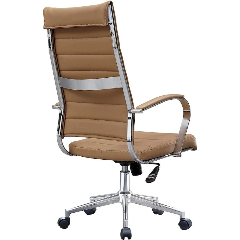 Moderne bruine bureaustoel met hoge rugleuning, geribd PU-leer, draaibaar, voor vergaderruimte, computerbureau, bezoekers, vintage retro, directie