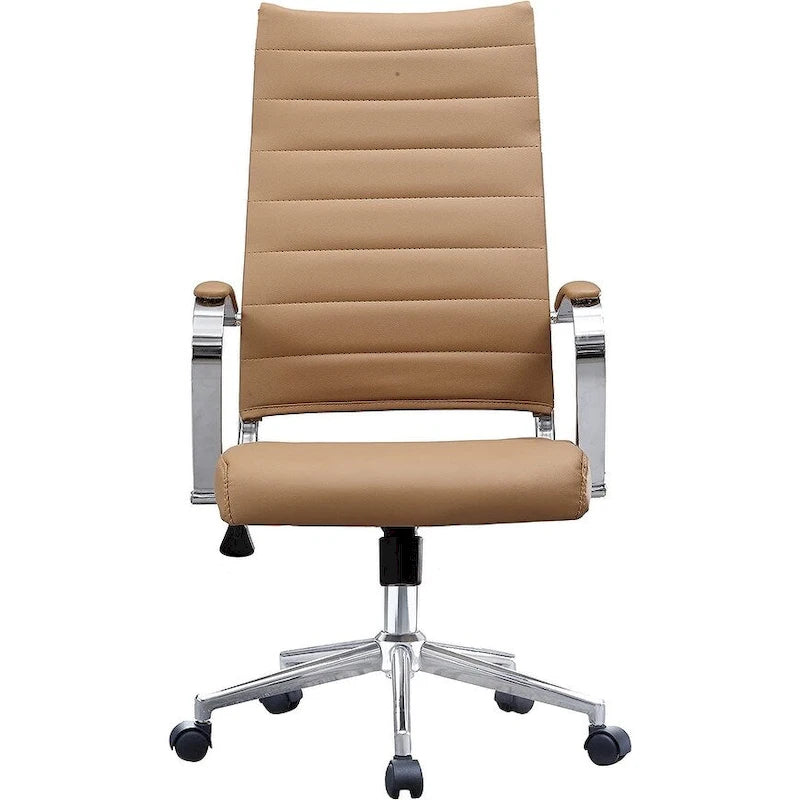 Moderne bruine bureaustoel met hoge rugleuning, geribd PU-leer, draaibaar, voor vergaderruimte, computerbureau, bezoekers, vintage retro, directie