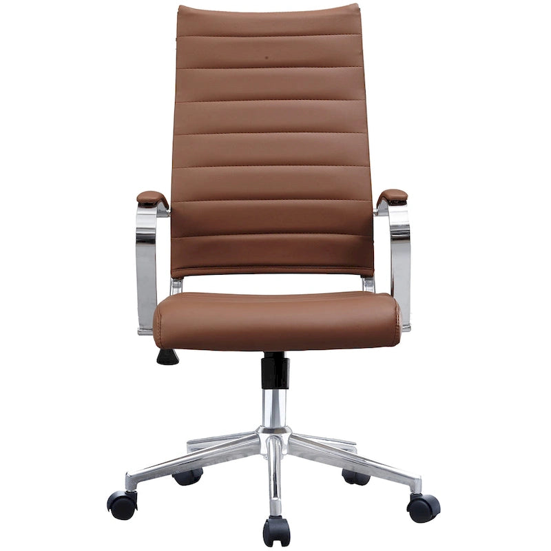Moderne bruine bureaustoel met hoge rugleuning, geribd PU-leer, draaibaar, voor vergaderruimte, computerbureau, bezoekers, vintage retro, directie