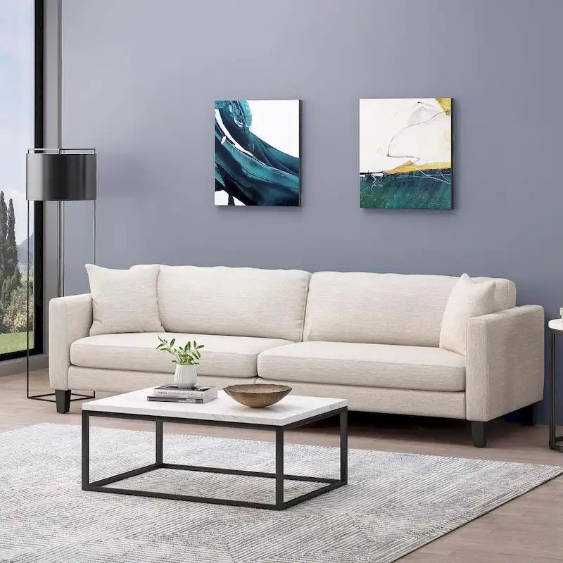 Beige Modern 101 3-seater Sofa with Wood Legs and Two Pillows for Living Room
