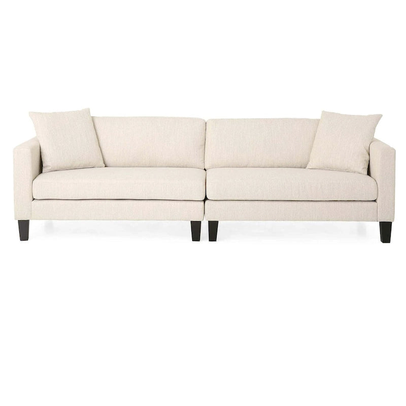 Sofá bege Modern 101 de 3 lugares com pernas de madeira e duas almofadas para a sala de estar