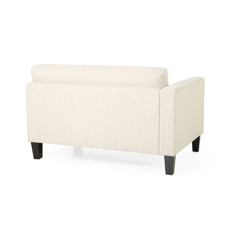 Sofá bege Modern 101 de 3 lugares com pernas de madeira e duas almofadas para a sala de estar