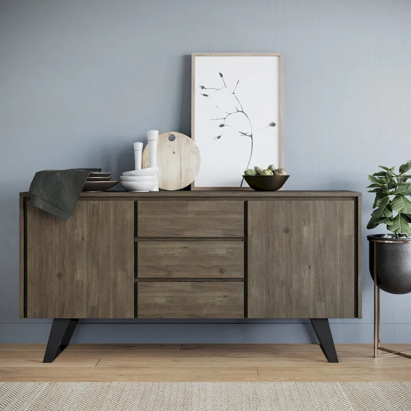 Buffet bahut rectangulaire moderne industriel en métal de 60 po de largeur en bois de chêne - 60 x 17 x 30