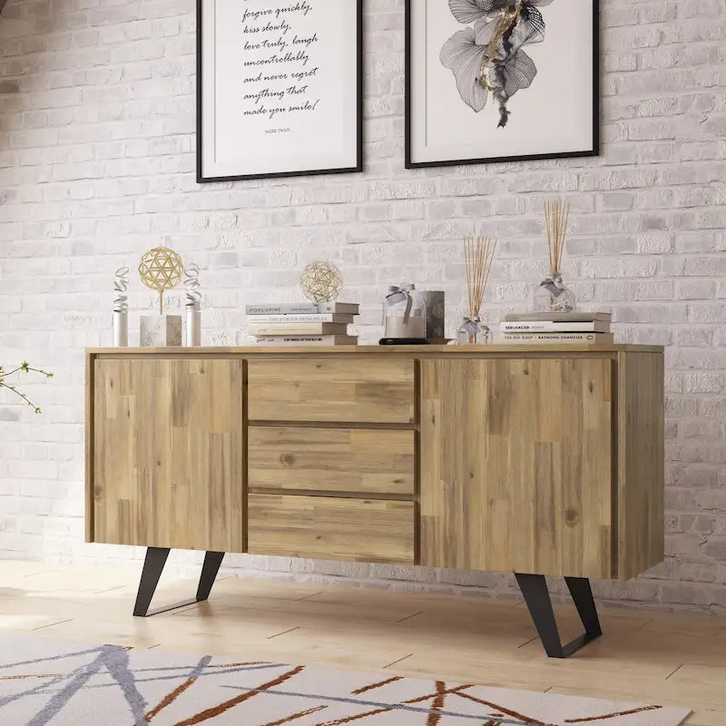 Buffet bahut rectangulaire moderne industriel en métal de 60 po de largeur en bois de chêne - 60 x 17 x 30