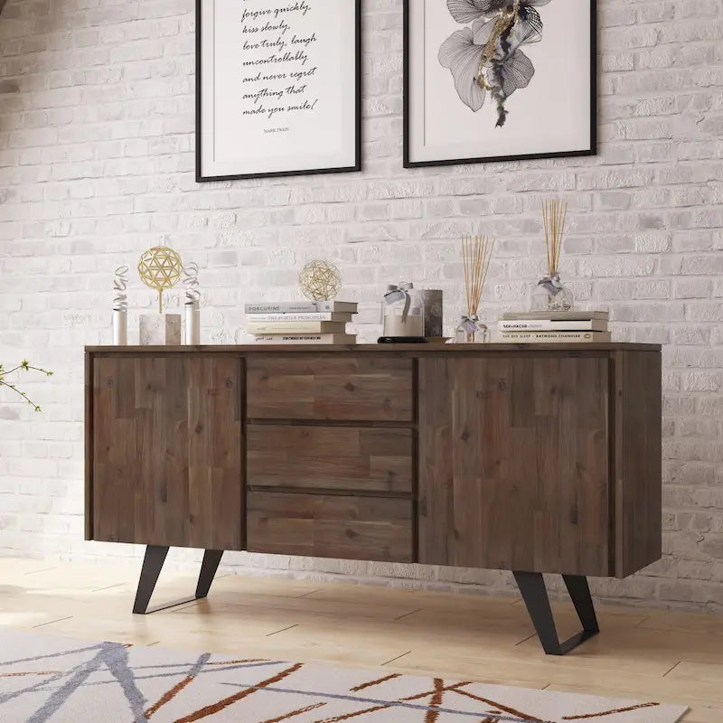 Buffet bahut rectangulaire moderne industriel en métal de 60 po de largeur en bois de chêne - 60 x 17 x 30