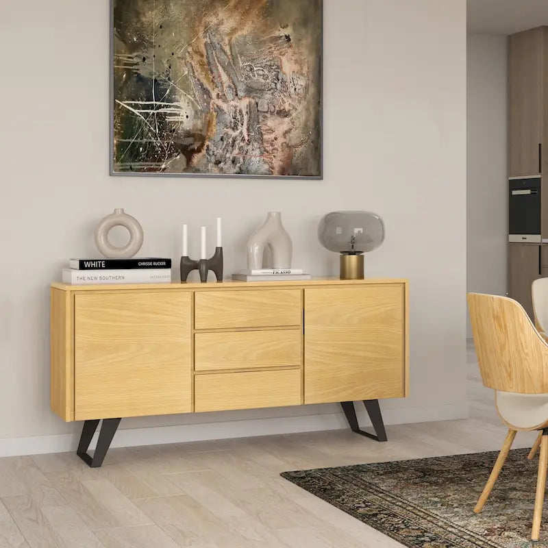 Buffet bahut rectangulaire moderne industriel en métal de 60 po de largeur en bois de chêne - 60 x 17 x 30