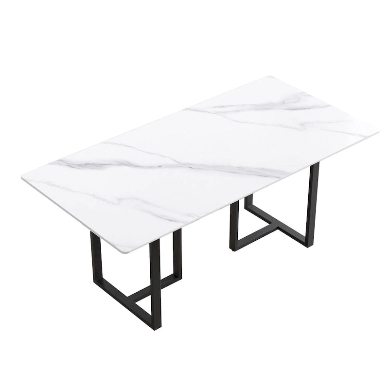71 White Marble Dining Table for 6-8,Rectangular Tabletop and Triangular Carbon Steel Legs