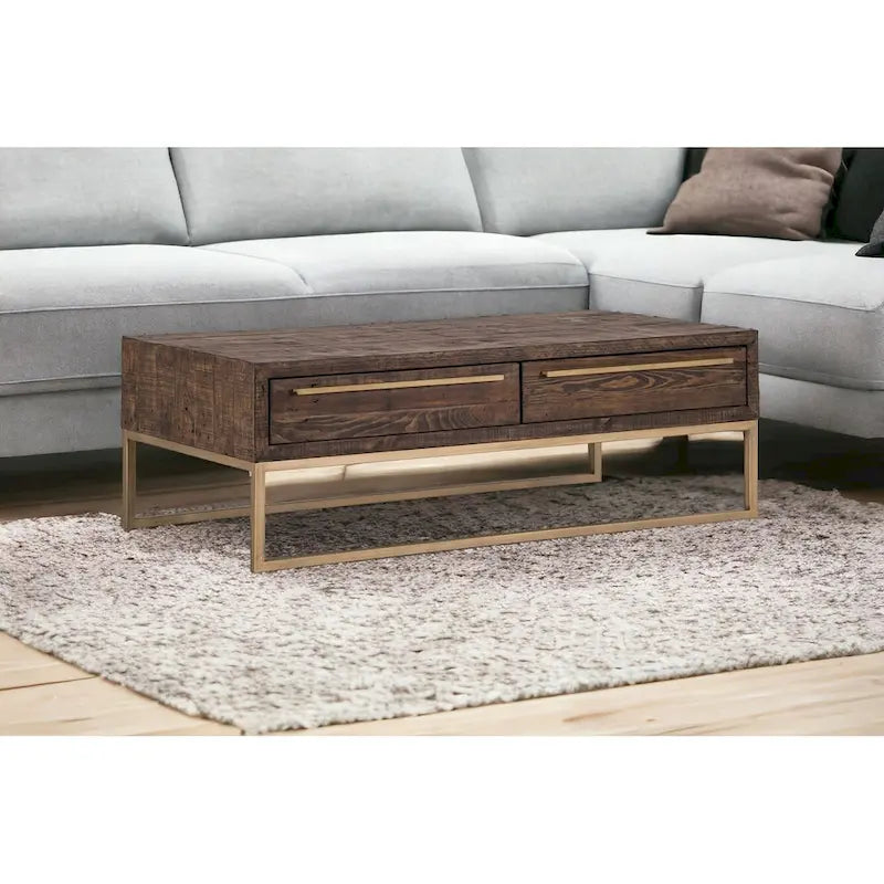 47 Dark Brown And Gold Metal Coffee Table With Drawer - 46.5