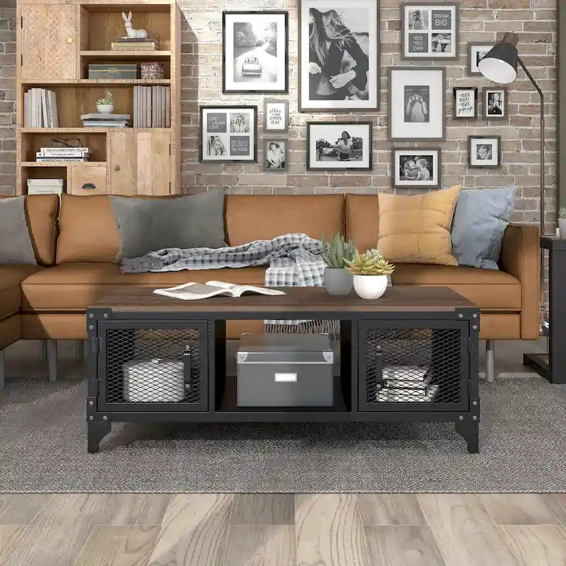 Rustic Black and Dark Walnut 48-inch Steel Storage Coffee Table by