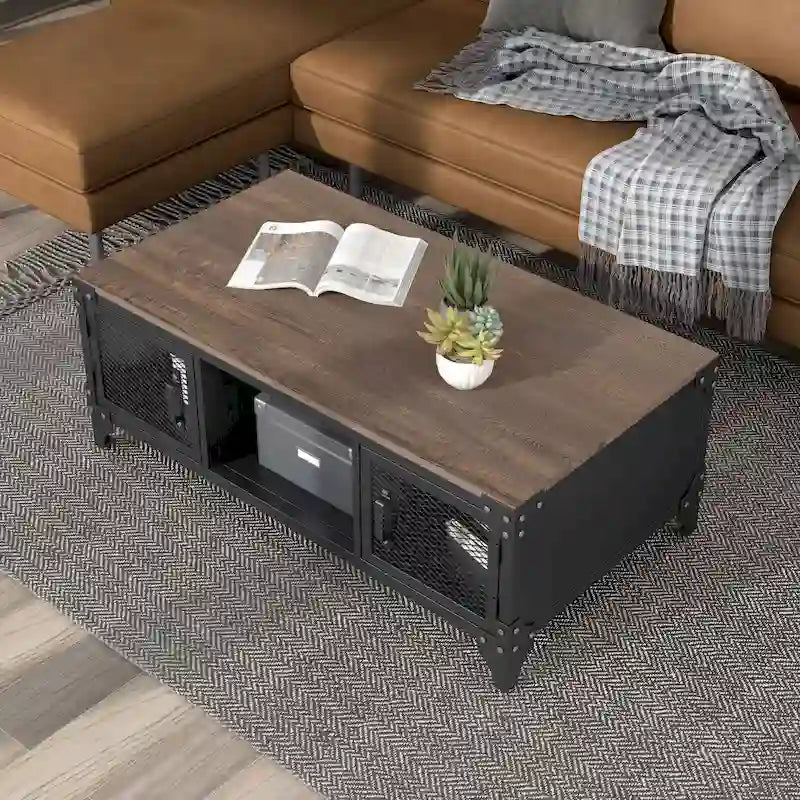 Table basse rustique de rangement en acier noir et noyer foncé de 48 pouces par