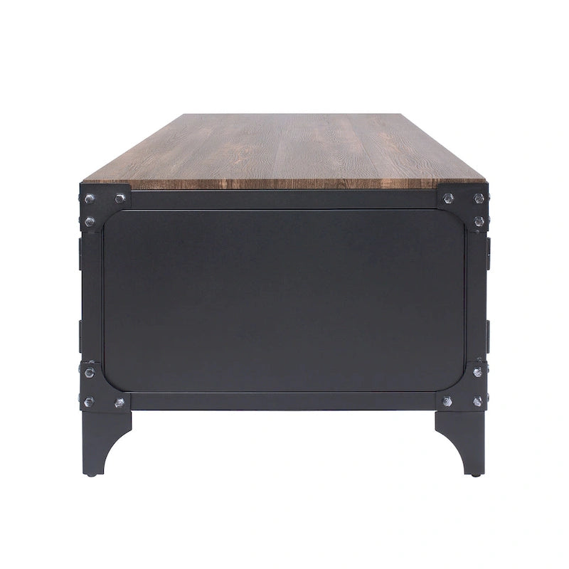 Table basse rustique de rangement en acier noir et noyer foncé de 48 pouces par