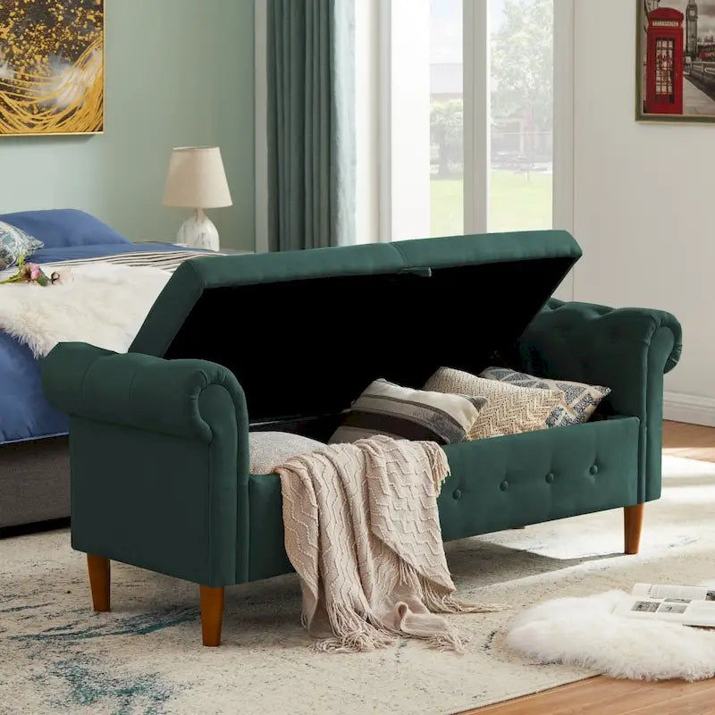 Aufbewahrungsbank für das Schlafzimmer, Bettbank mit gerollten Armlehnen, Leinenstoff, Ottomane, lange Bank