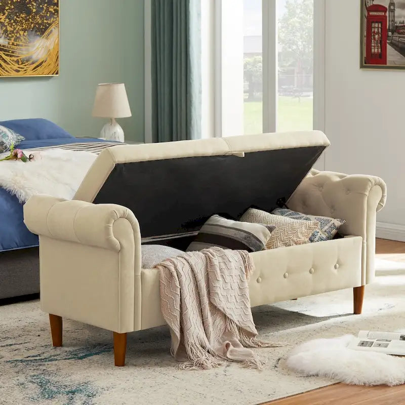 Aufbewahrungsbank für das Schlafzimmer, Bettbank mit gerollten Armlehnen, Leinenstoff, Ottomane, lange Bank