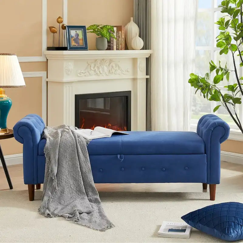 Storage Bench for Bedroom End of Bed Rolled Armed Linen Fabric Ottoman Couch Long Bench