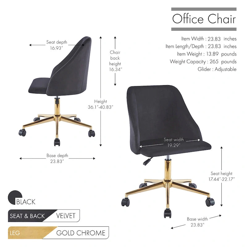Chaise de bureau pivotante en velours, pieds chromés dorés
