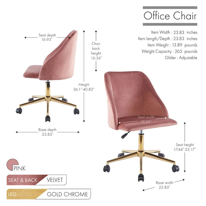 Chaise de bureau pivotante en velours, pieds chromés dorés
