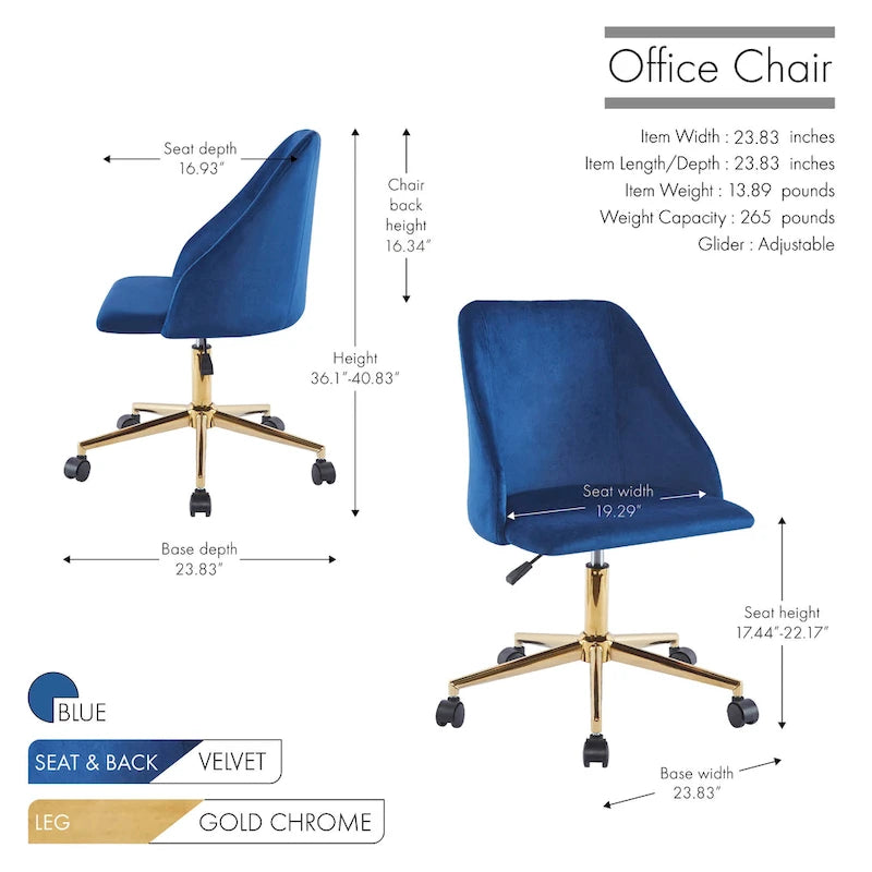 Chaise de bureau pivotante en velours, pieds chromés dorés