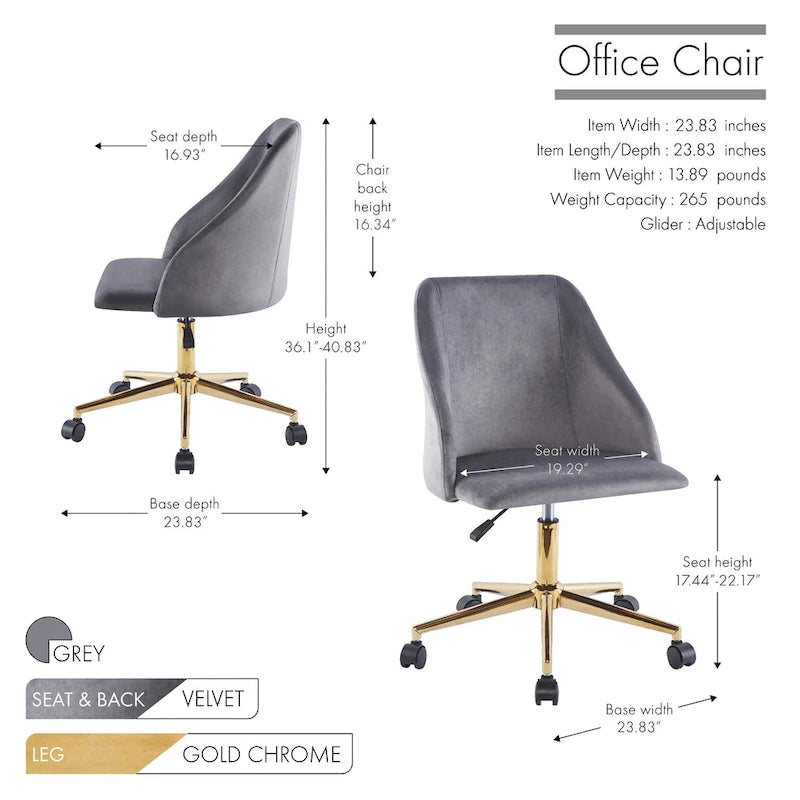 Chaise de bureau pivotante en velours, pieds chromés dorés