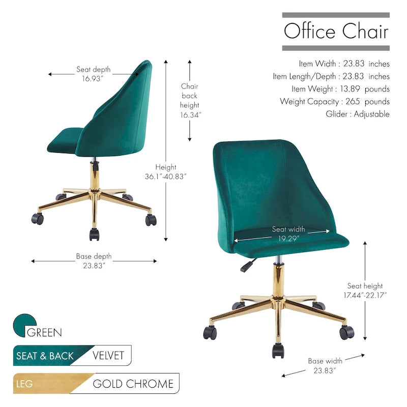 Chaise de bureau pivotante en velours, pieds chromés dorés