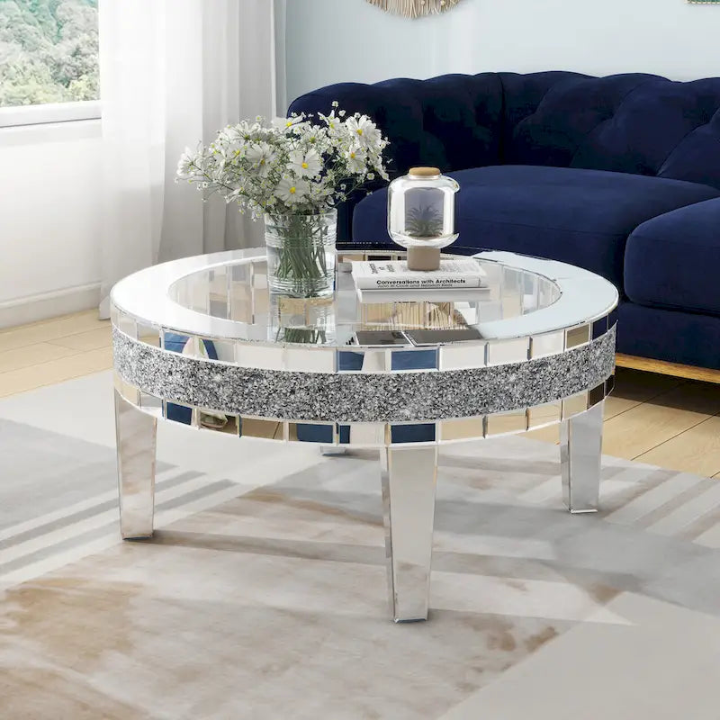 Round Glass Top Coffee Table with Crystal Inlay