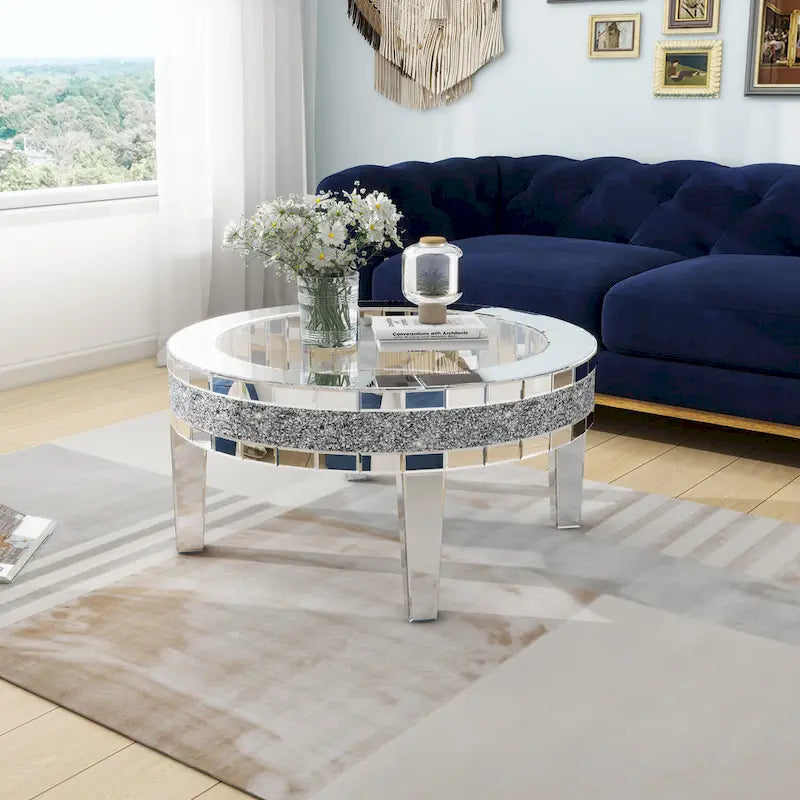 Round Glass Top Coffee Table with Crystal Inlay