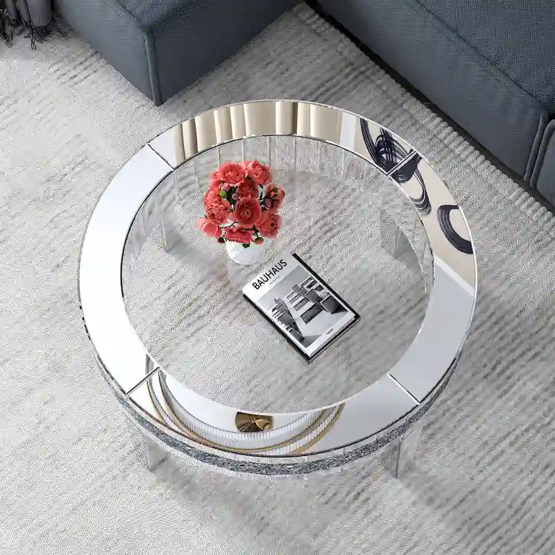 Round Glass Top Coffee Table with Crystal Inlay