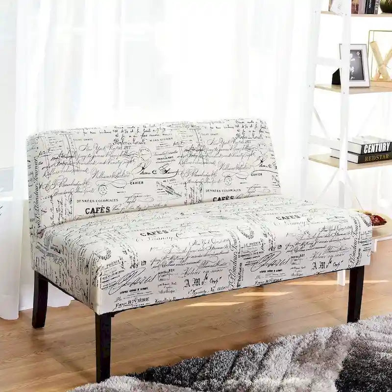 Sofá moderno de 2 lugares com estofo com padrão cursivo branco-sujo e pernas de madeira pretas - 50 x 28 x 30.5 (C x L x A)