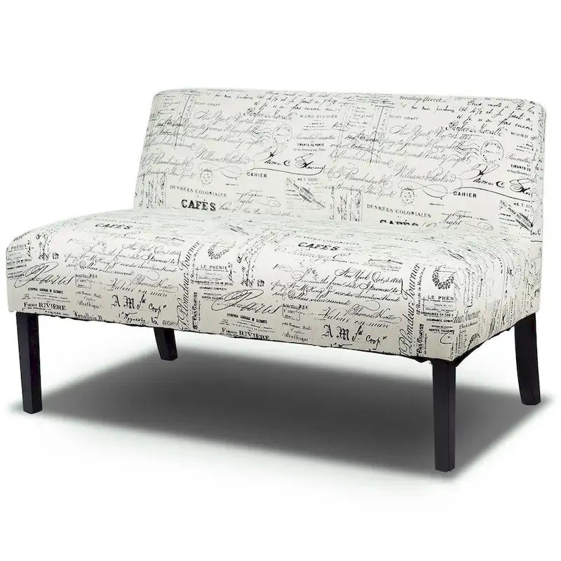 Sofá moderno de 2 lugares com estofo com padrão cursivo branco-sujo e pernas de madeira pretas - 50 x 28 x 30.5 (C x L x A)